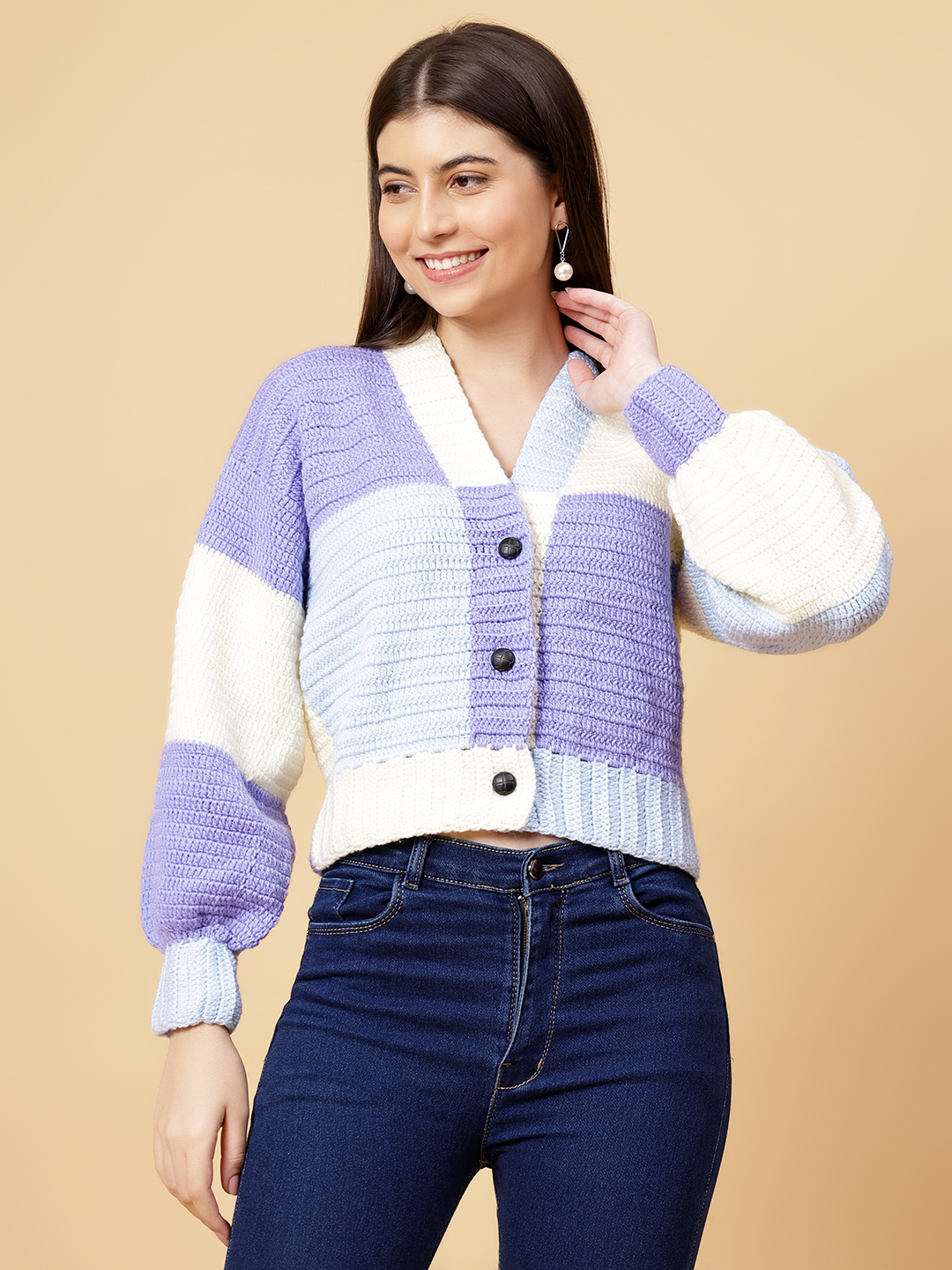Velvery Handmade Purple Color Block Crochet V-Neck Cardigan