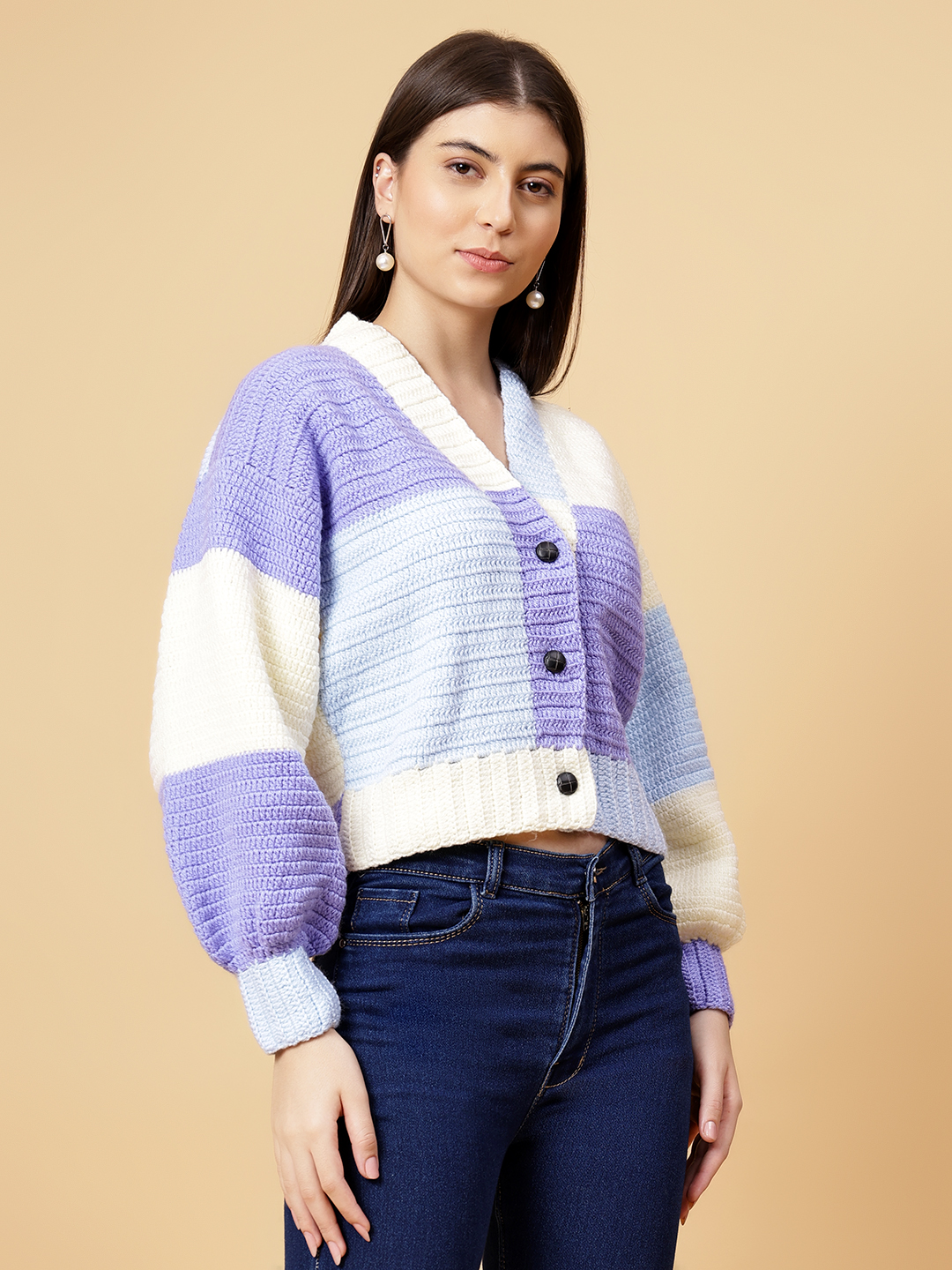 Velvery Handmade Purple Color Block Crochet V-Neck Cardigan