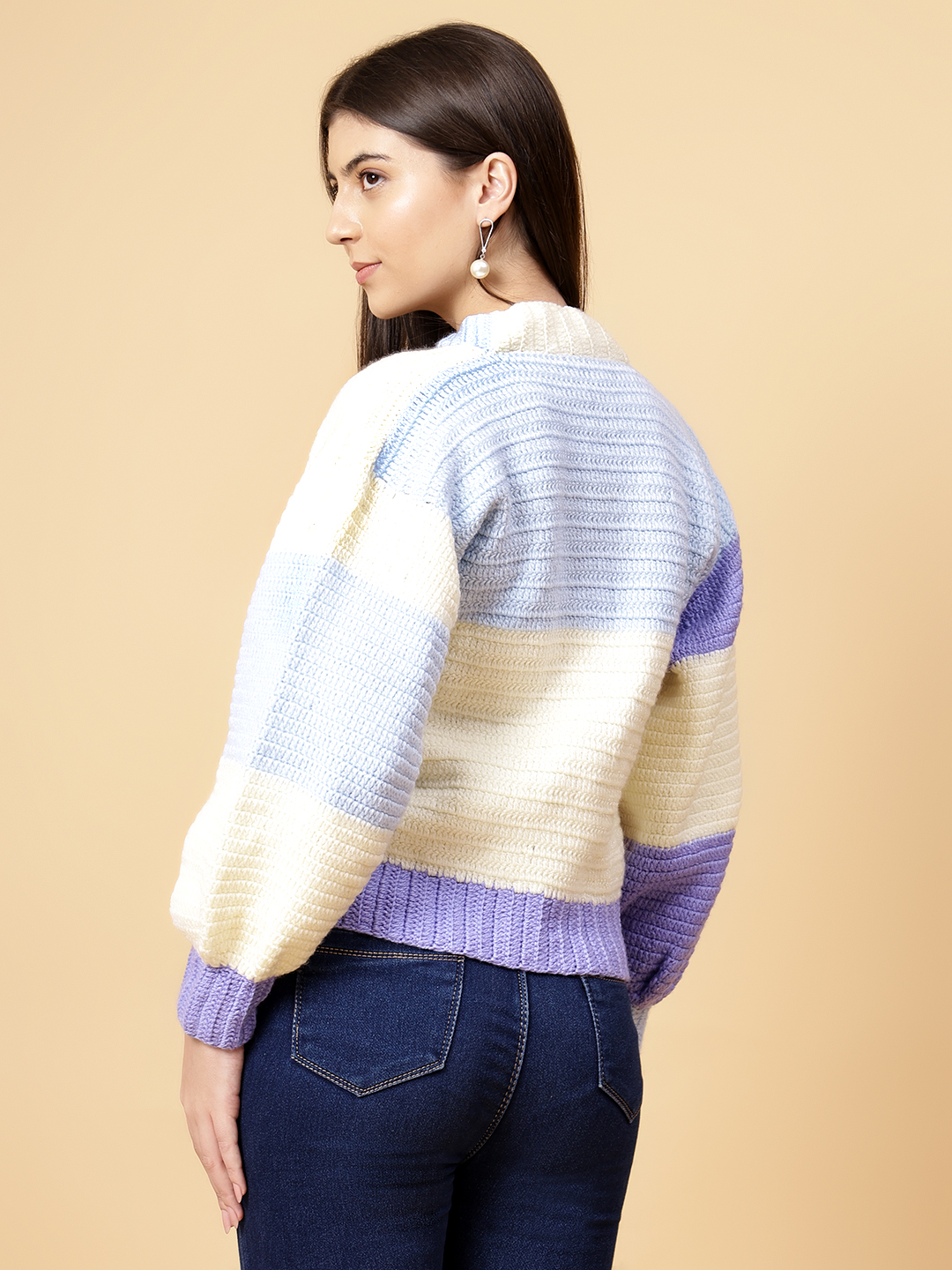 Velvery Handmade Purple Color Block Crochet V-Neck Cardigan