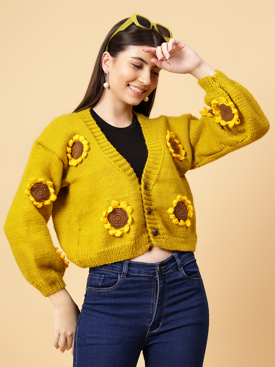 Velvery Handmade Yellow Handknitted Sunflower V-Neck Cardigan