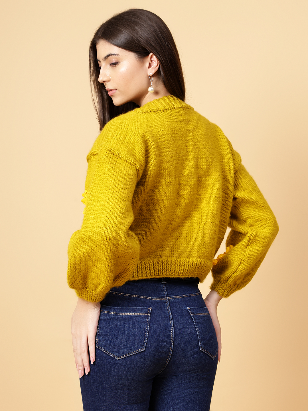Velvery Handmade Yellow Handknitted Sunflower V-Neck Cardigan