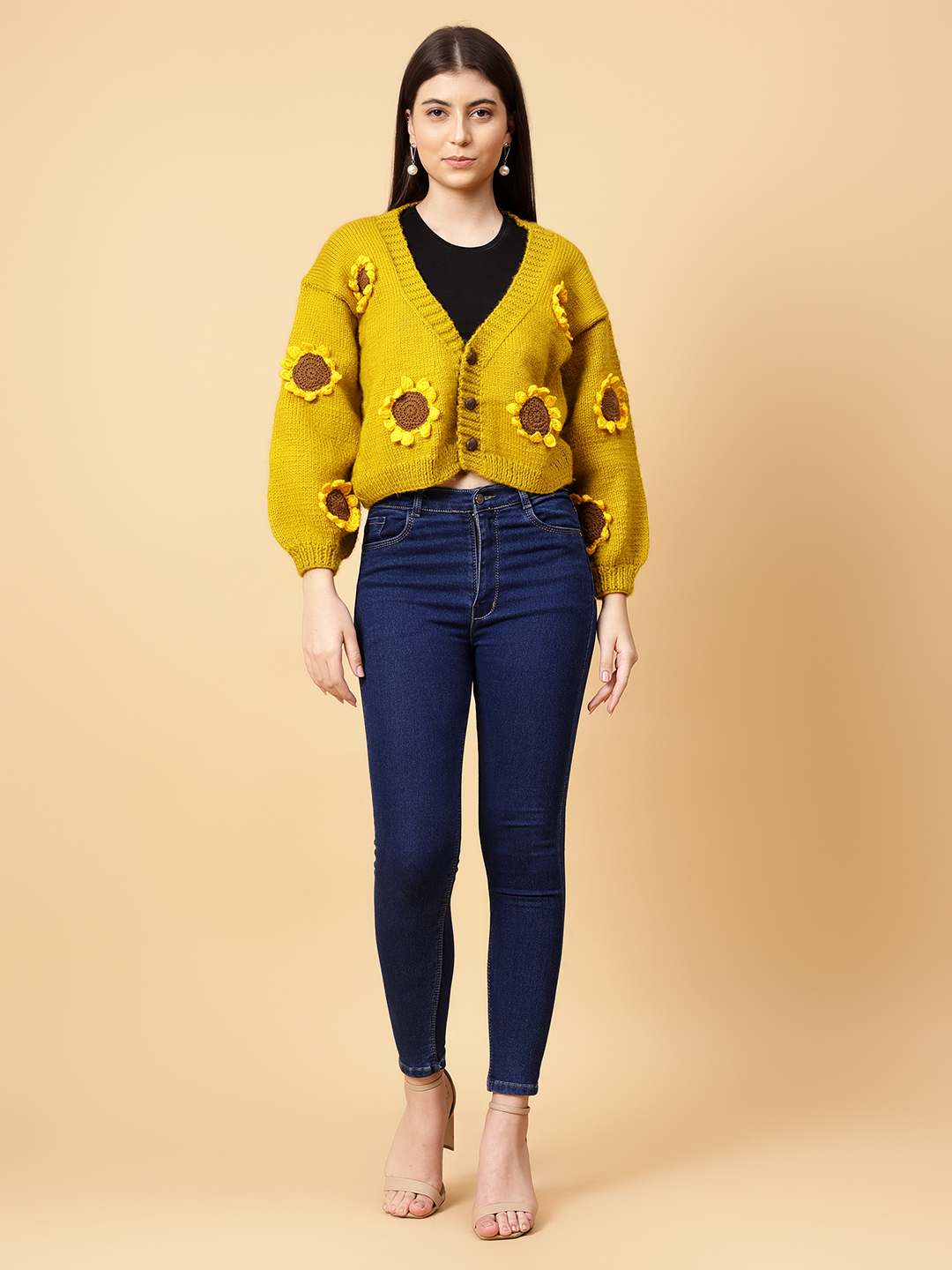 Velvery Handmade Yellow Handknitted Sunflower V-Neck Cardigan
