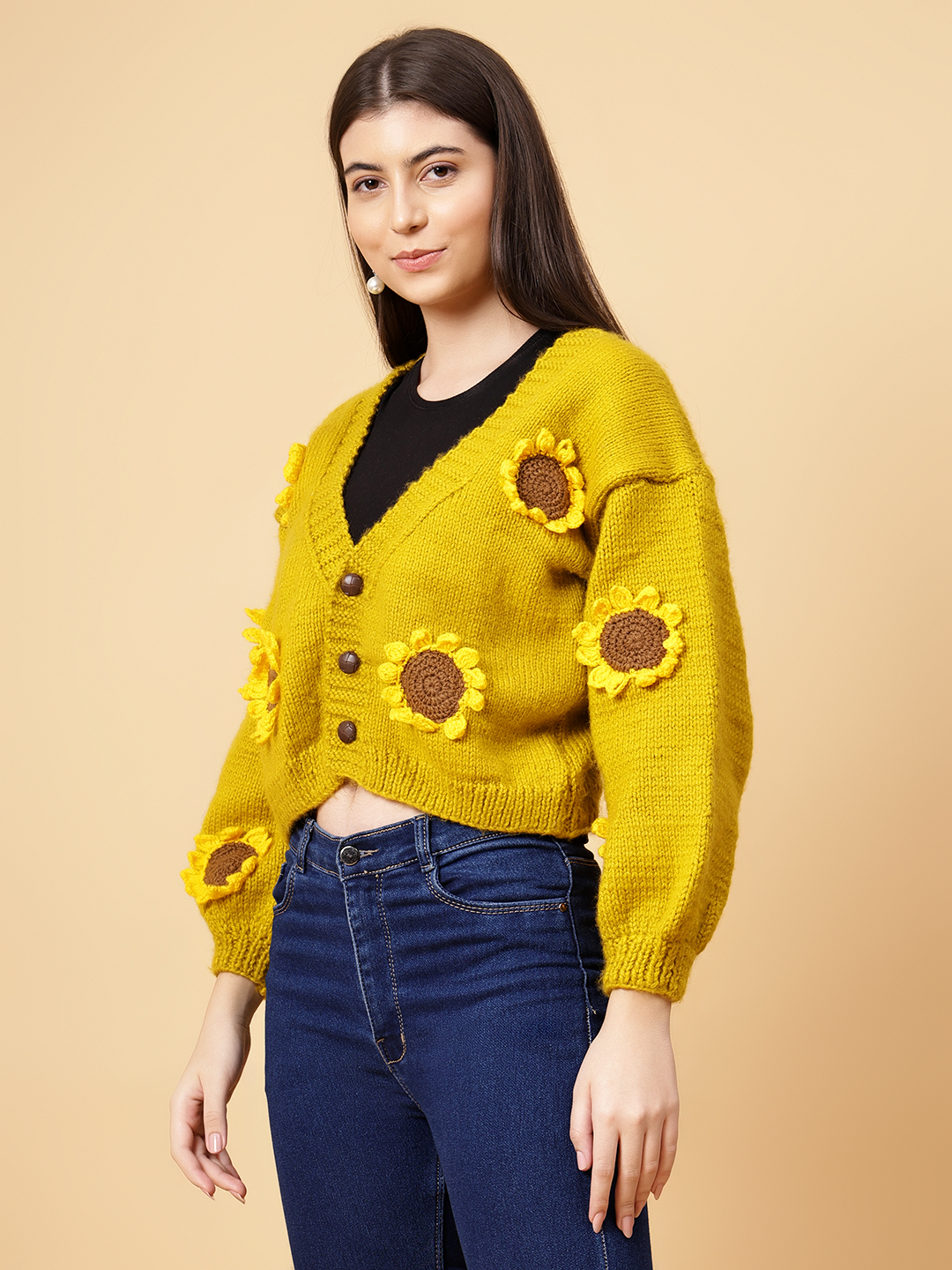 Velvery Handmade Yellow Handknitted Sunflower V-Neck Cardigan