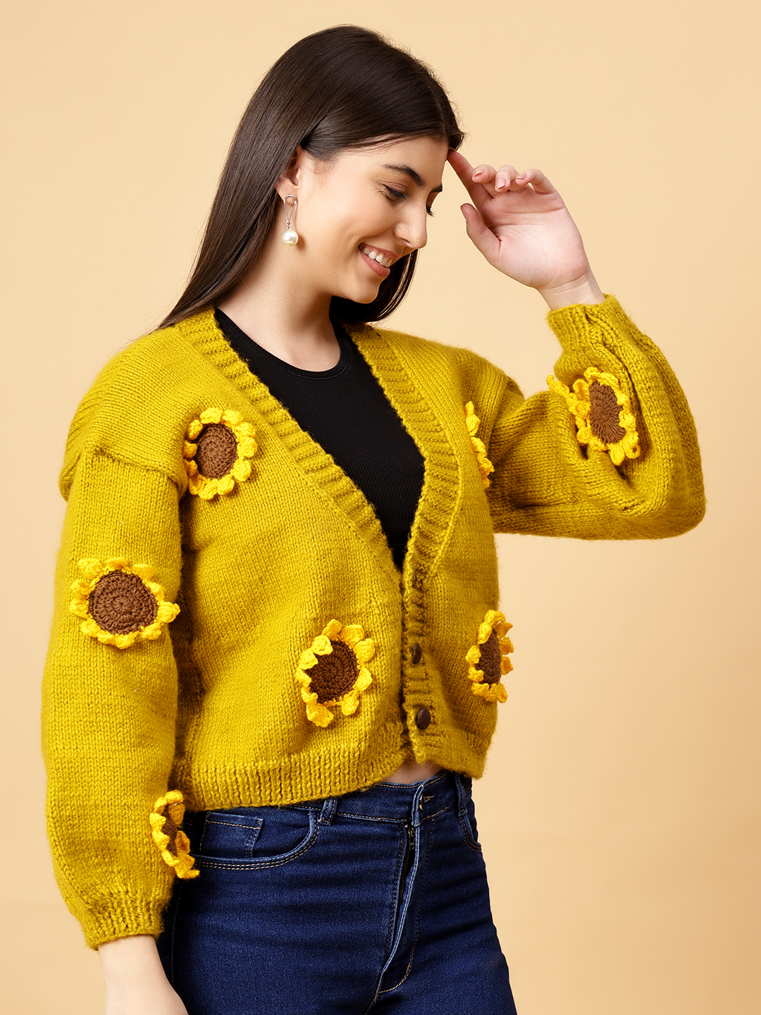Velvery Handmade Yellow Handknitted Sunflower V-Neck Cardigan