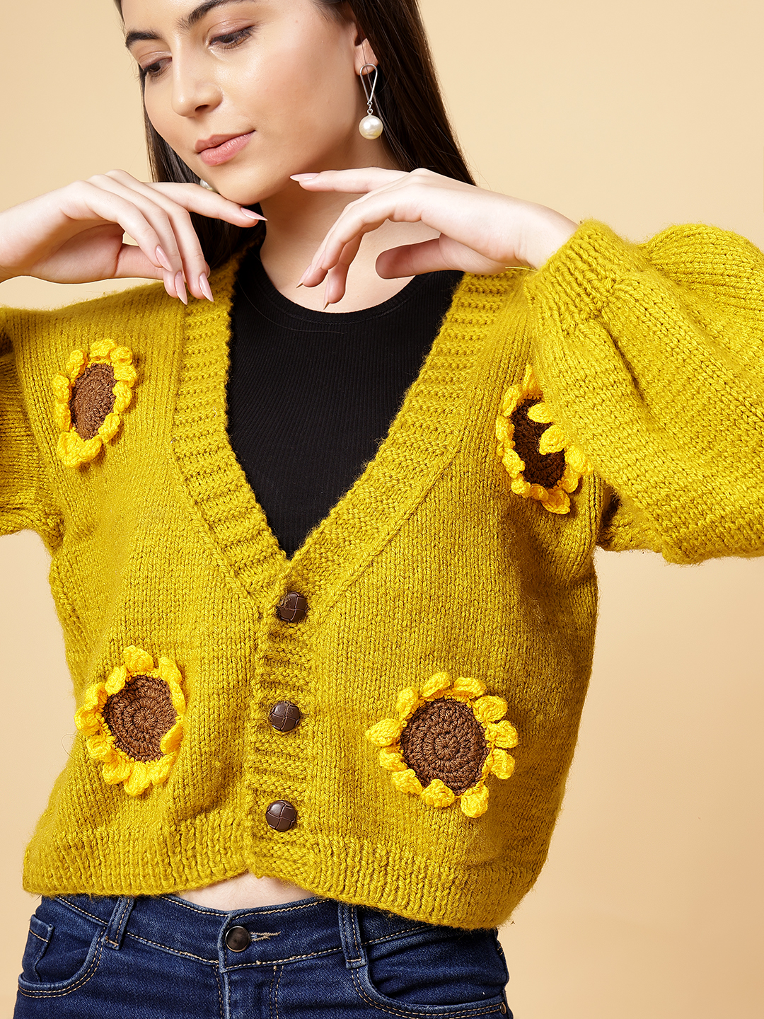 Velvery Handmade Yellow Handknitted Sunflower V-Neck Cardigan
