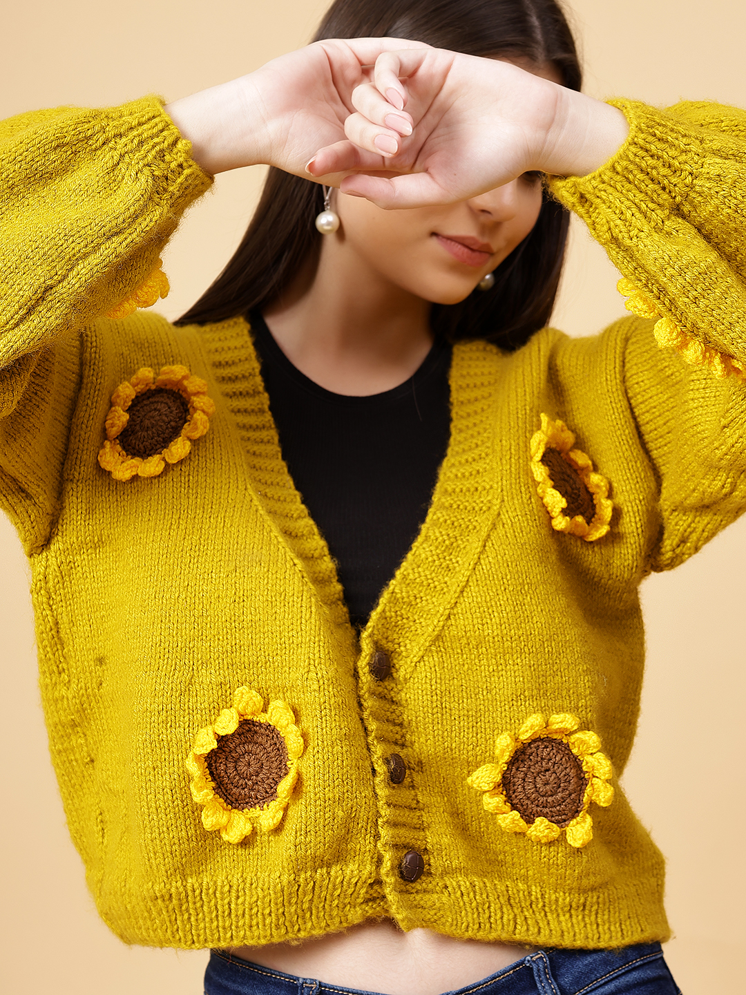 Velvery Handmade Yellow Handknitted Sunflower V-Neck Cardigan