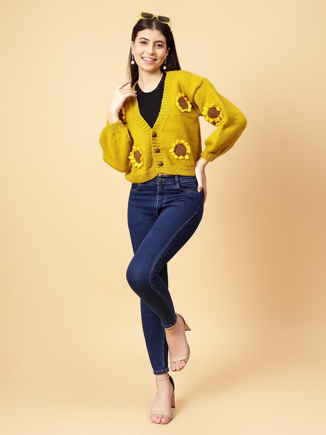 Velvery Handmade Yellow Handknitted Sunflower V-Neck Cardigan