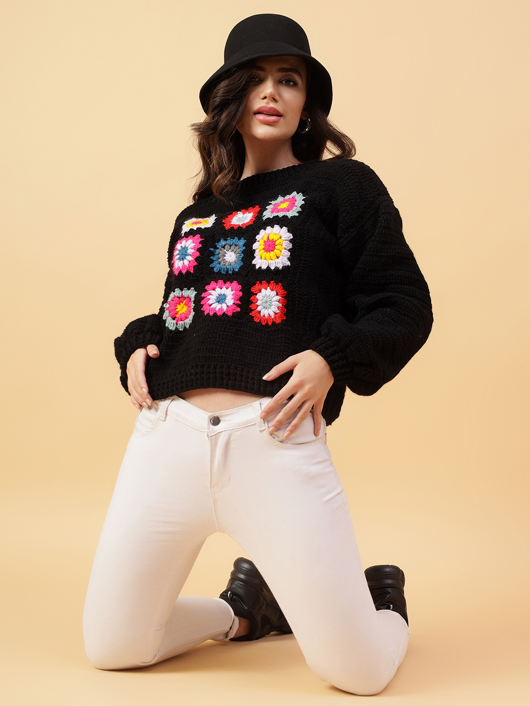 Velvery Handmade Black & Multi Granny Sqaure Round Neck Pullover