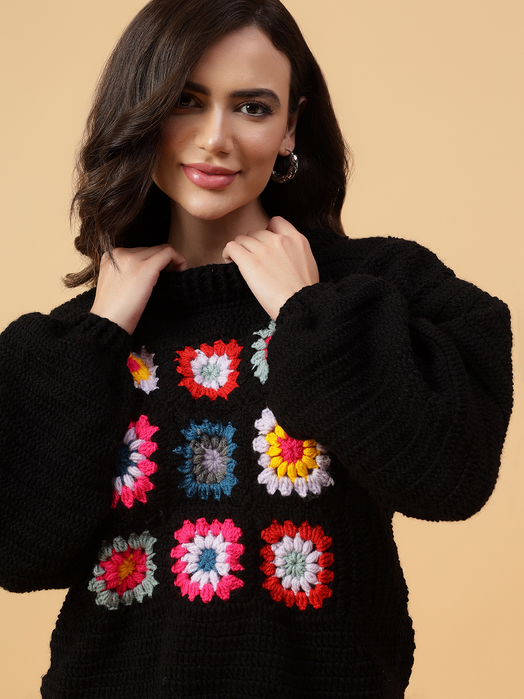Velvery Handmade Black & Multi Granny Sqaure Round Neck Pullover