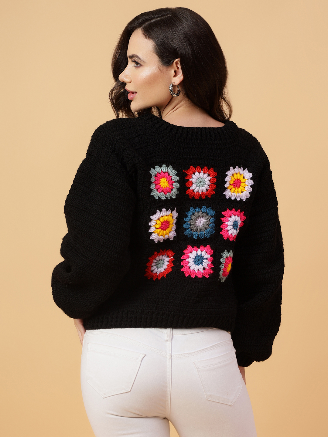 Velvery Handmade Black & Multi Granny Sqaure Round Neck Pullover