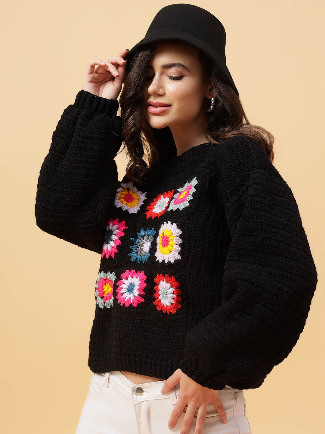 Velvery Handmade Black & Multi Granny Sqaure Round Neck Pullover