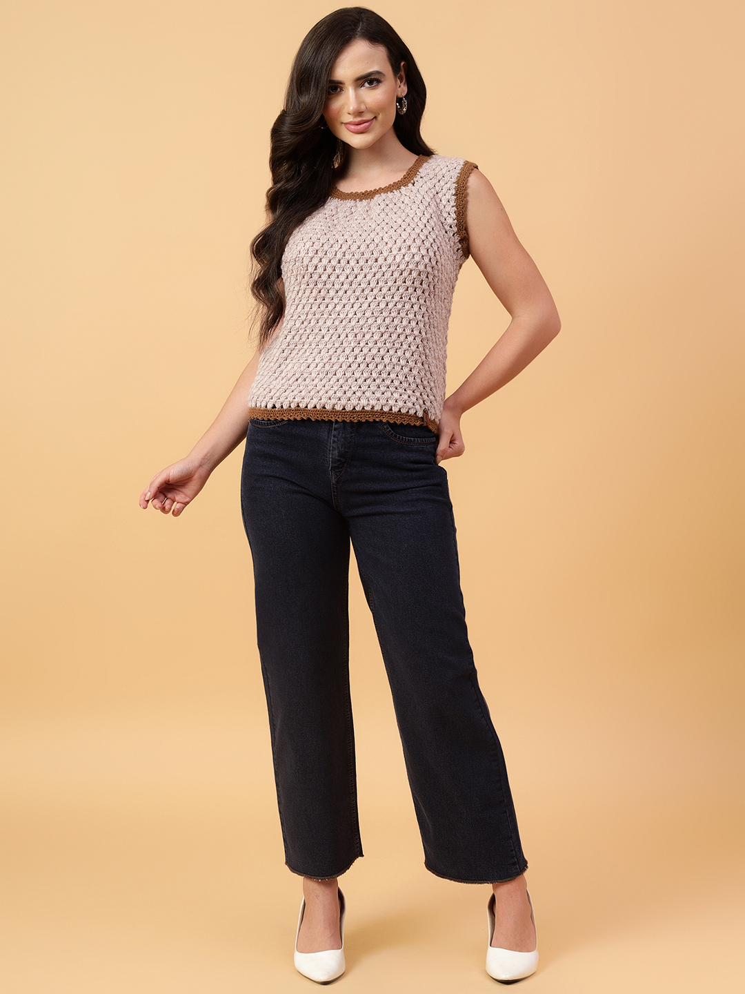 Velvery Handmade Orange & Cream Handmade Crochet Round Neck Sweater Vest
