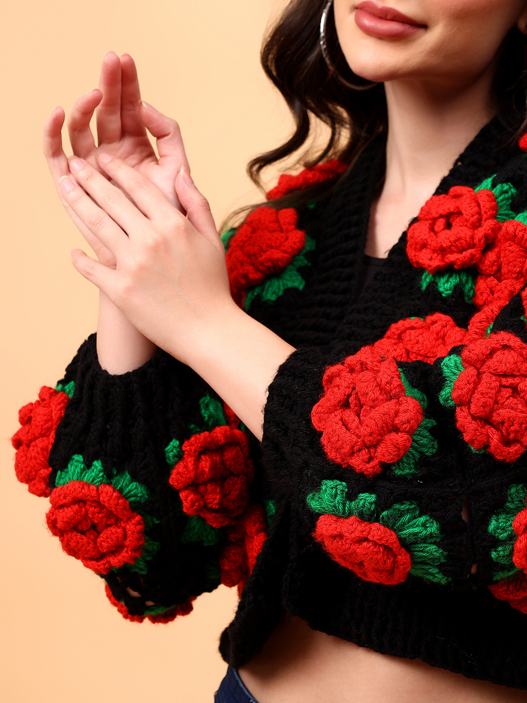 Velvery Crochet Red Rose Cardigan