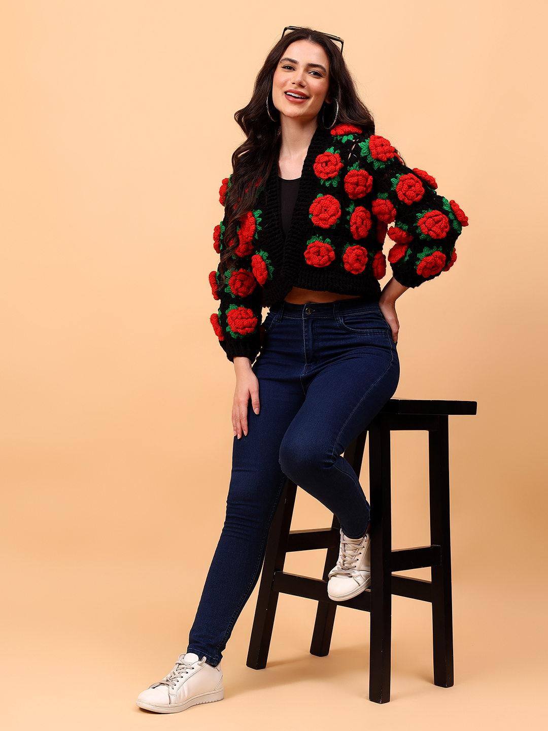 Velvery Crochet Red Rose Cardigan