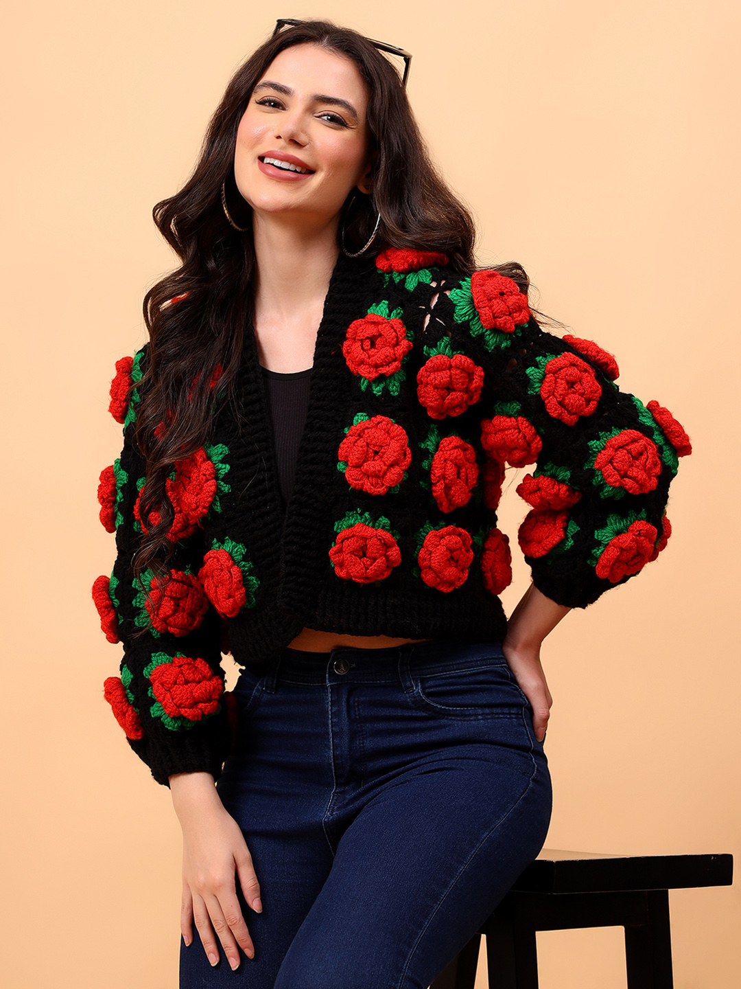Velvery Crochet Red Rose Cardigan
