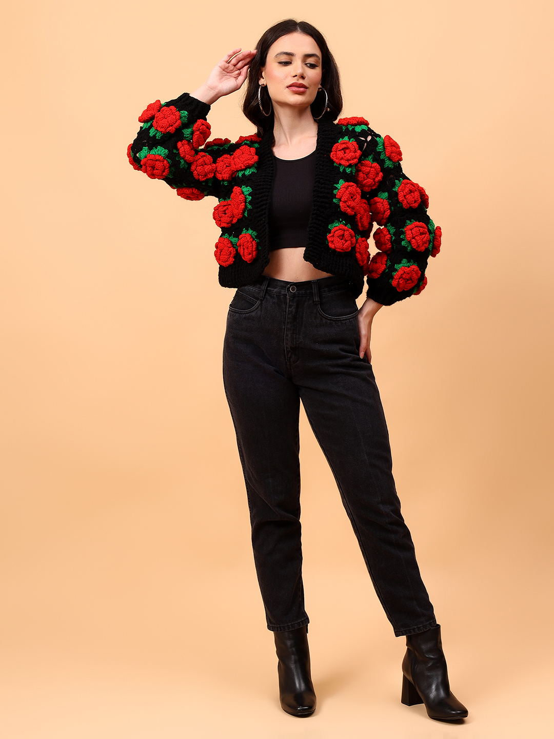 Velvery Crochet Red Rose Cardigan