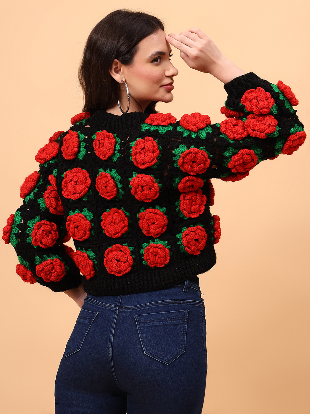 Velvery Crochet Red Rose Cardigan