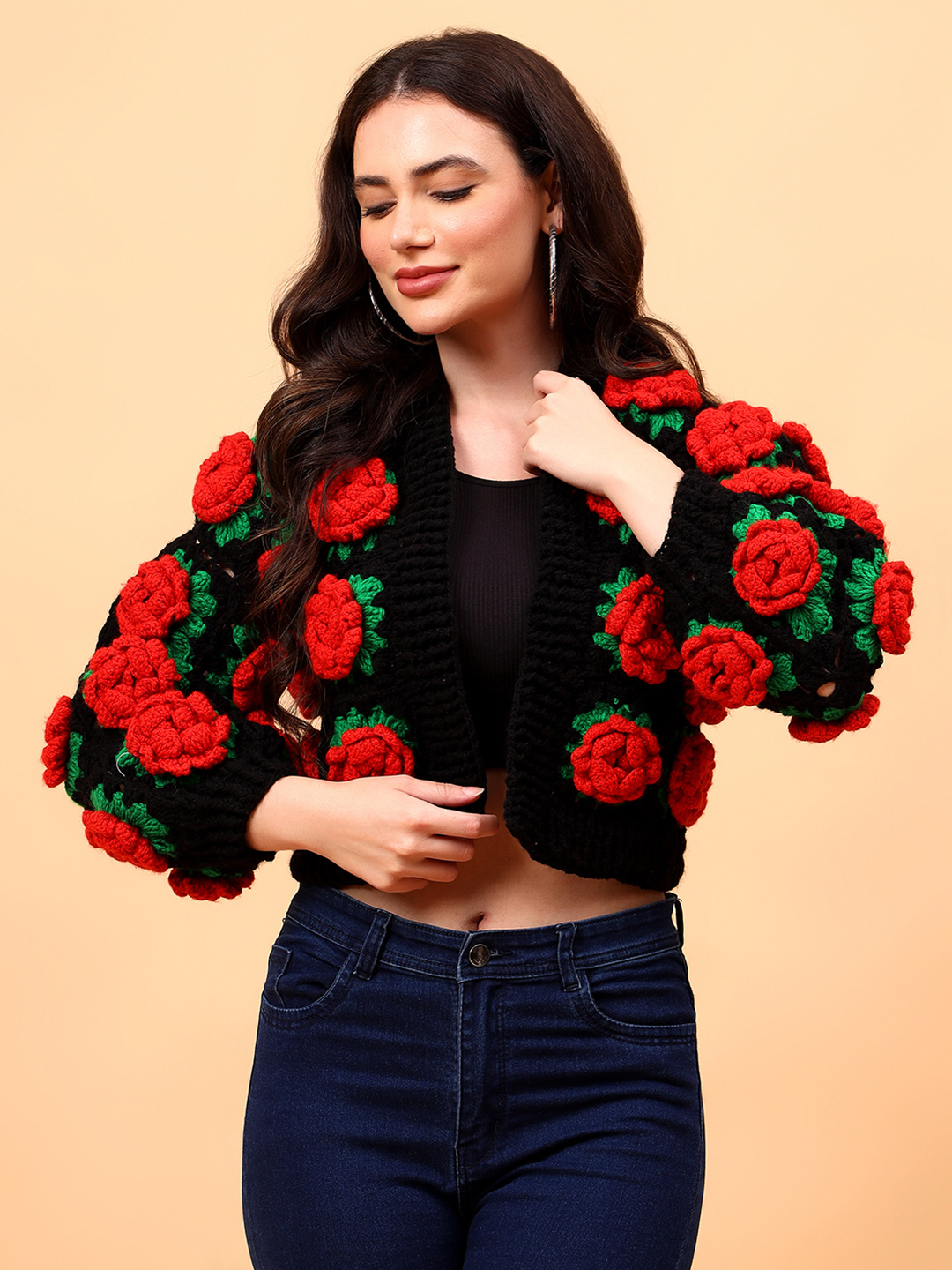 Velvery Crochet Red Rose Cardigan