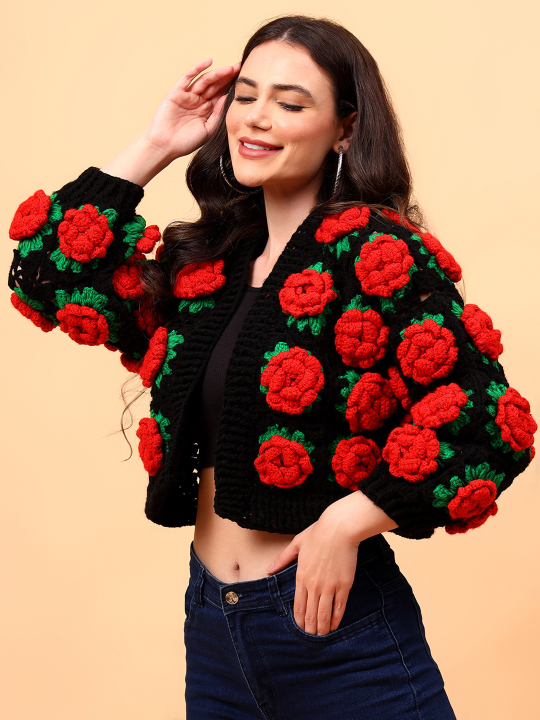 Velvery Crochet Red Rose Cardigan
