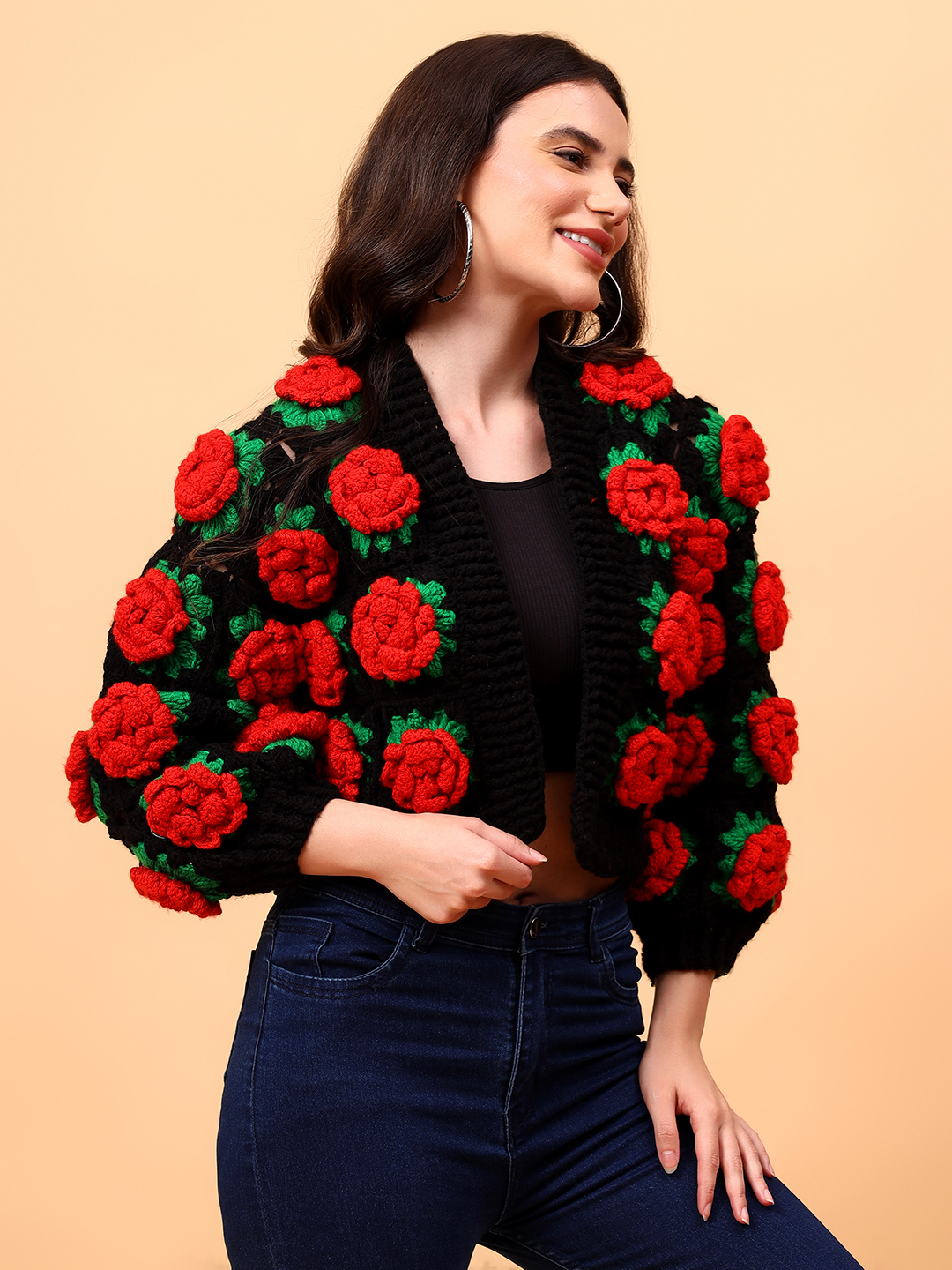 Velvery Crochet Red Rose Cardigan