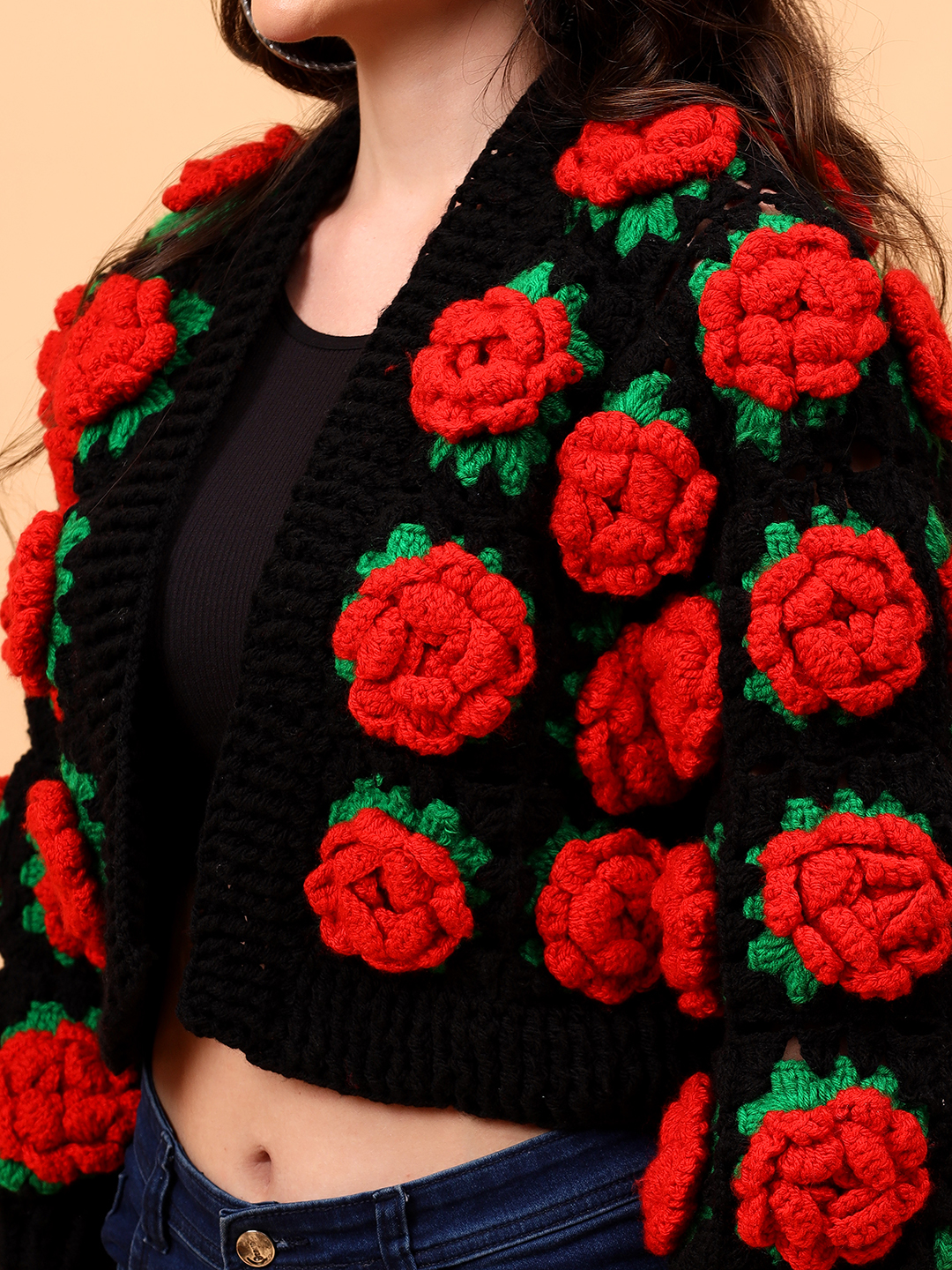 Velvery Crochet Red Rose Cardigan
