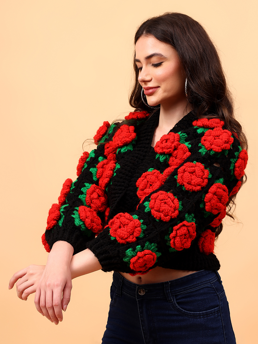 Velvery Crochet Red Rose Cardigan