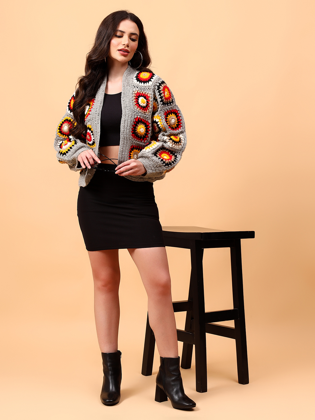 Velvery Handmade Grey Multicolored Front Openable Cardigan