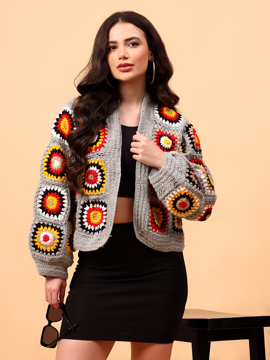 Velvery Handmade Grey Multicolored Front Openable Cardigan