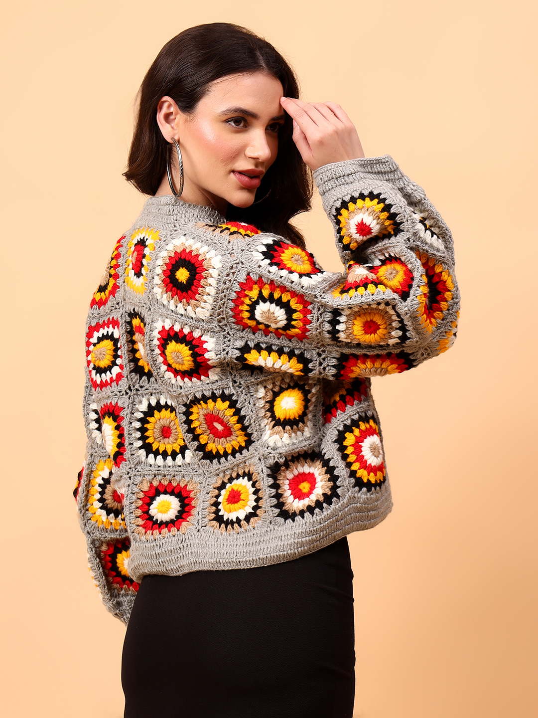 Velvery Handmade Grey Multicolored Front Openable Cardigan