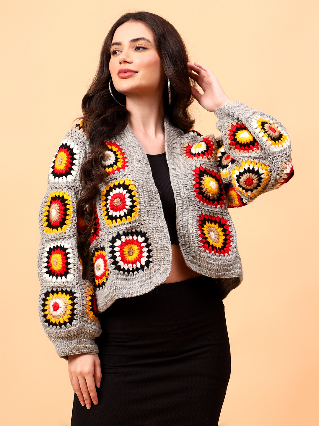 Velvery Handmade Grey Multicolored Front Openable Cardigan