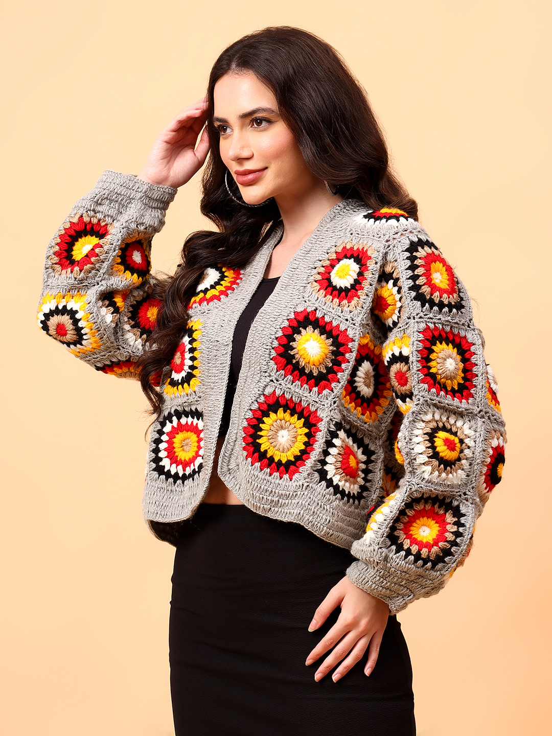 Velvery Handmade Grey Multicolored Front Openable Cardigan