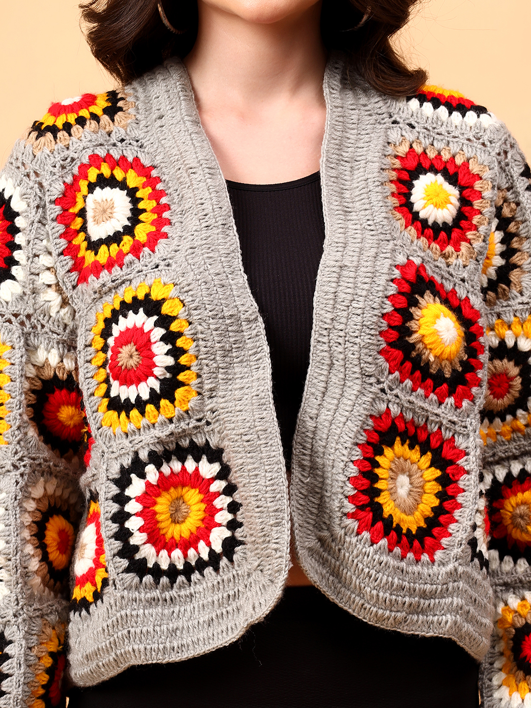 Velvery Handmade Grey Multicolored Front Openable Cardigan