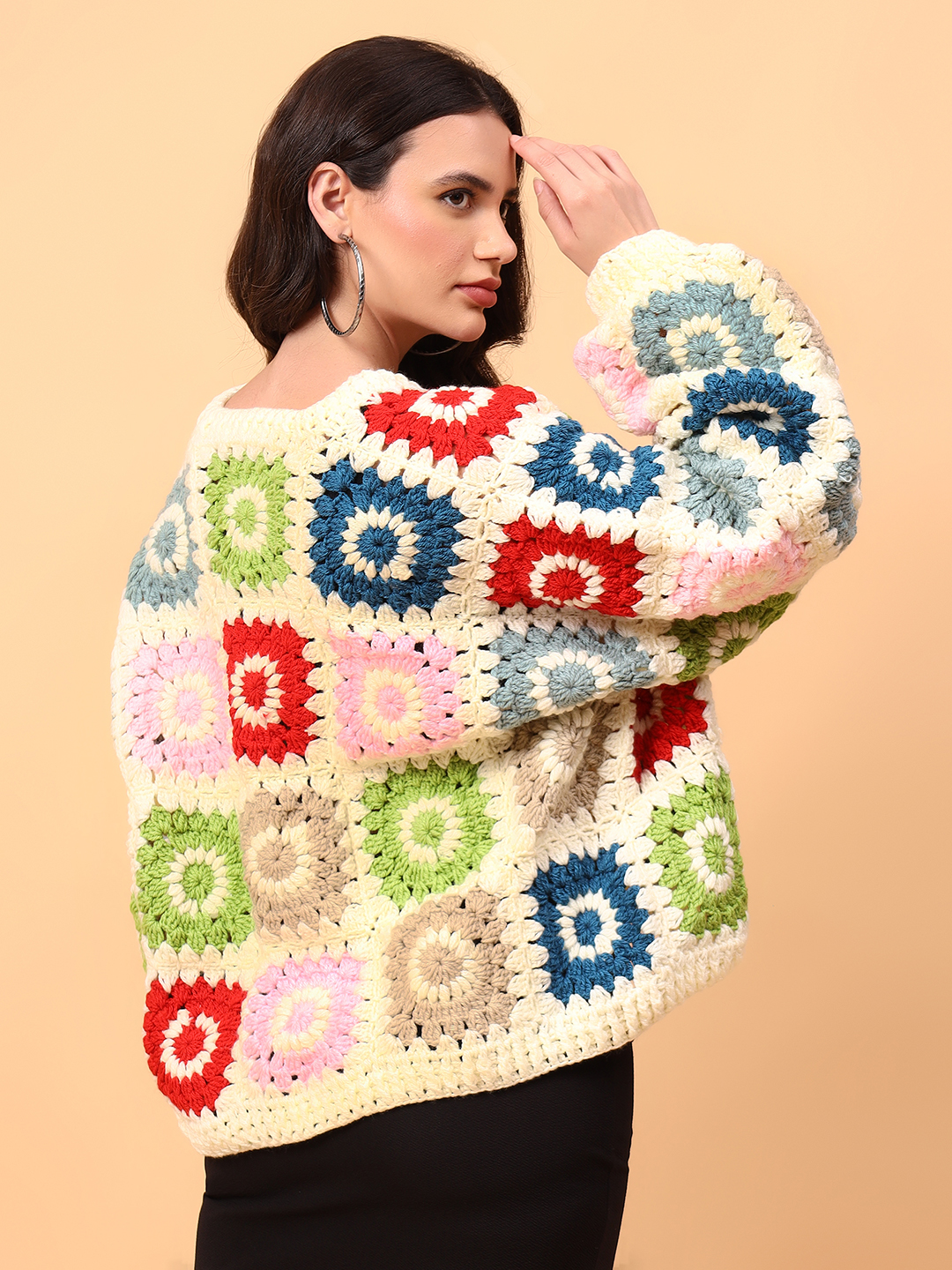 Velvery Handmade Crochet Multi Baggy V-Neck Cardigan