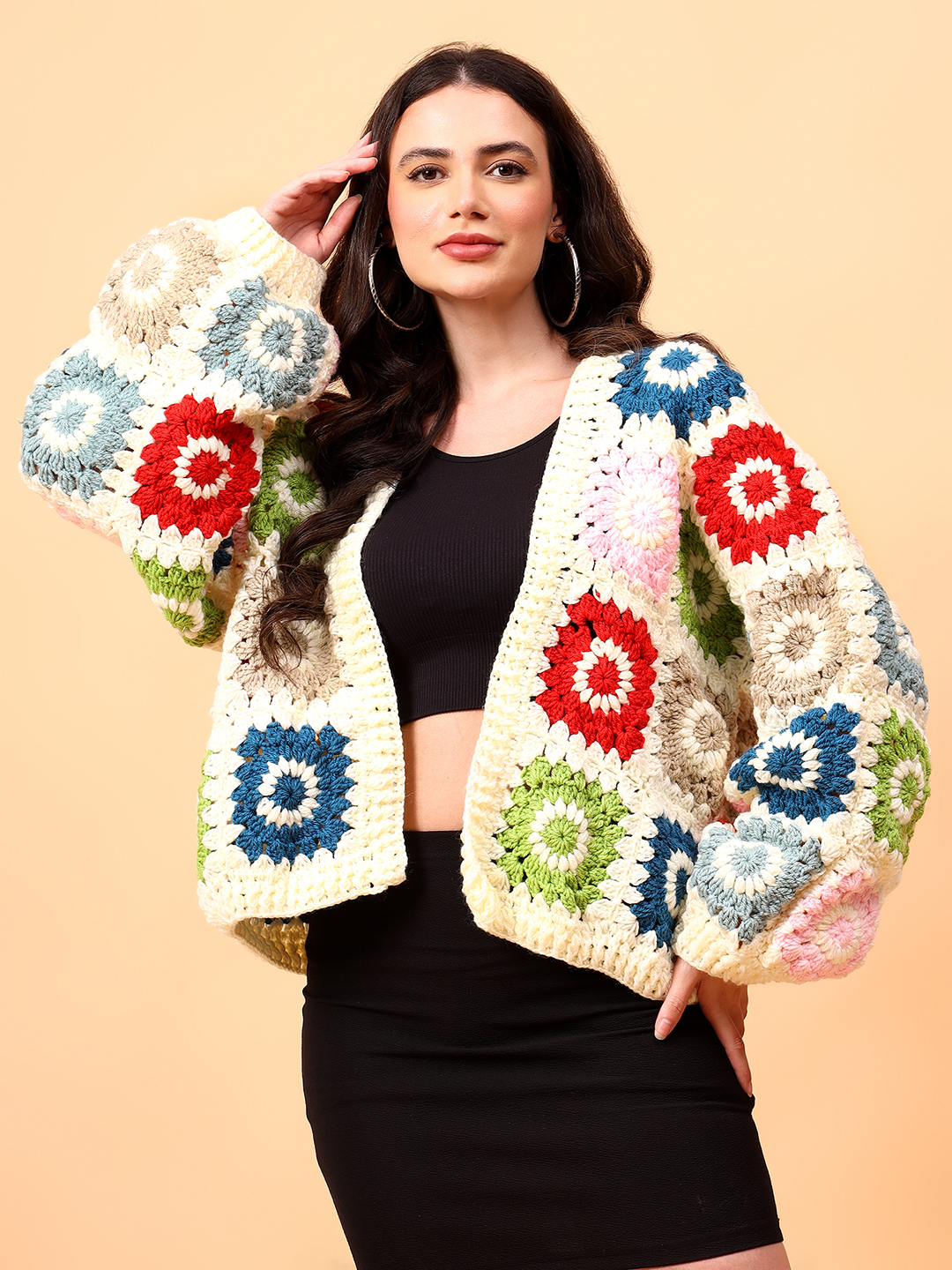 Velvery Handmade Crochet Multi Baggy V-Neck Cardigan