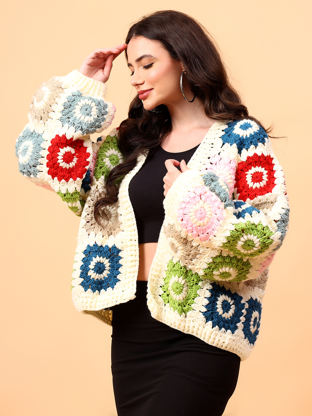 Velvery Handmade Crochet Multi Baggy V-Neck Cardigan