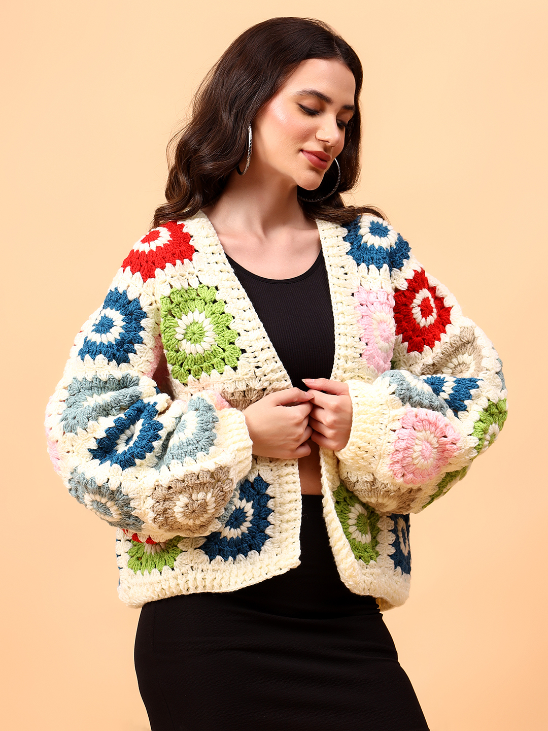 Velvery Handmade Crochet Multi Baggy V-Neck Cardigan
