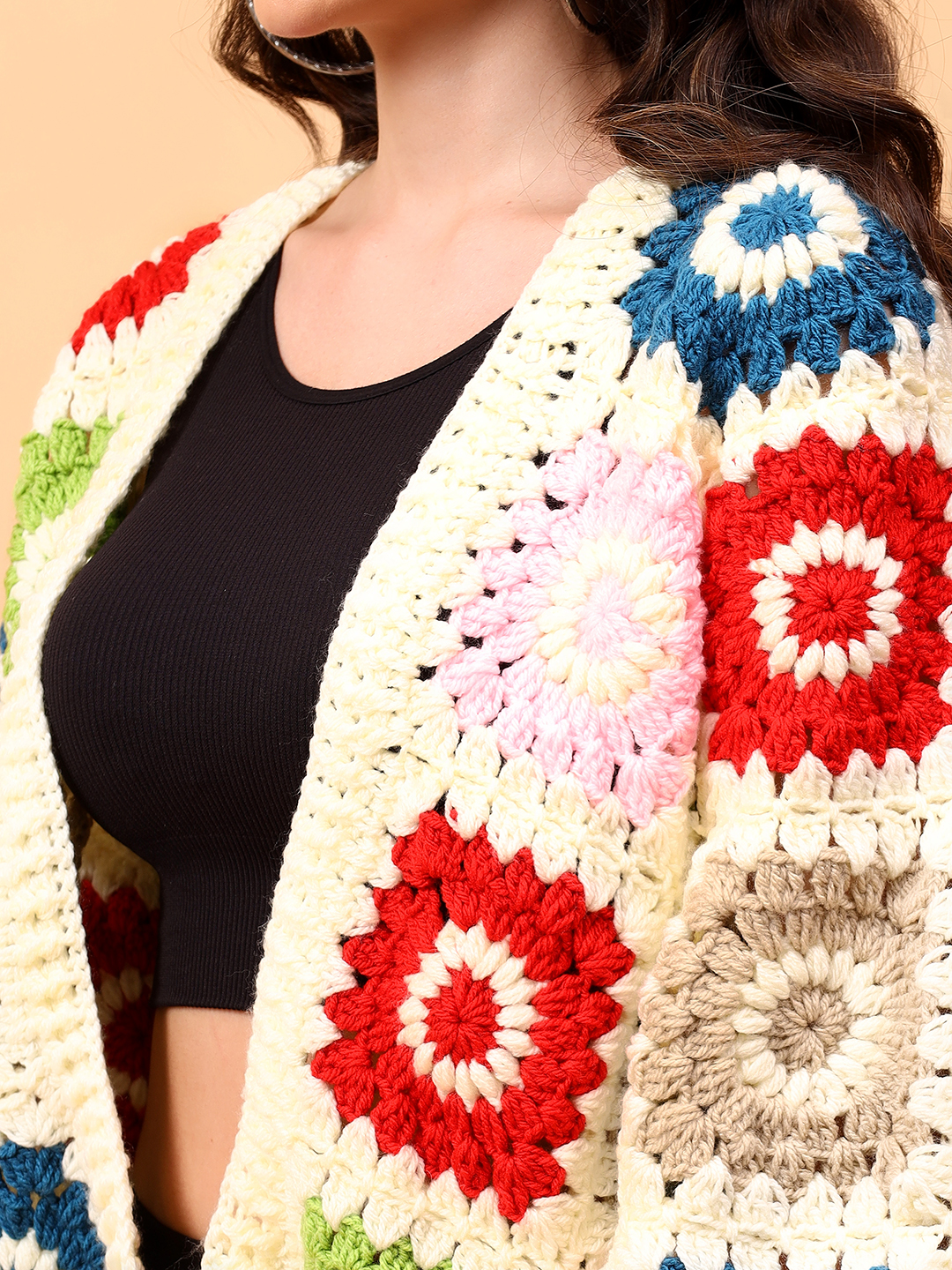 Velvery Handmade Crochet Multi Baggy V-Neck Cardigan