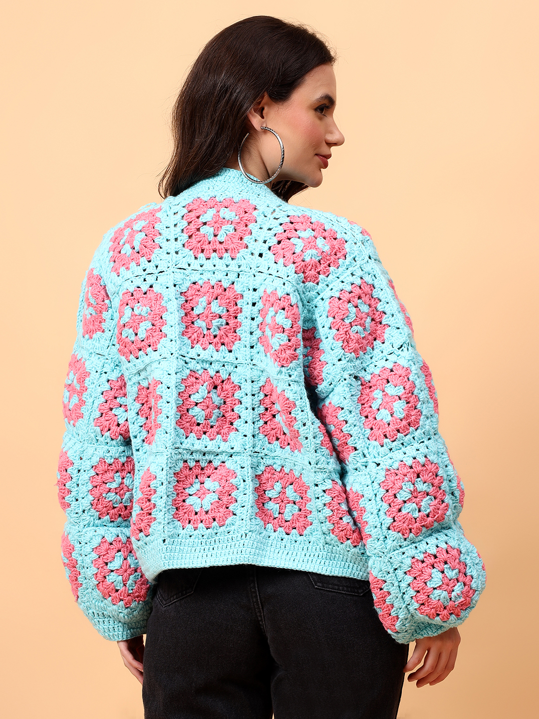 Velvery Handmade Blue and Pink Oversized V-Neck Cardigan
