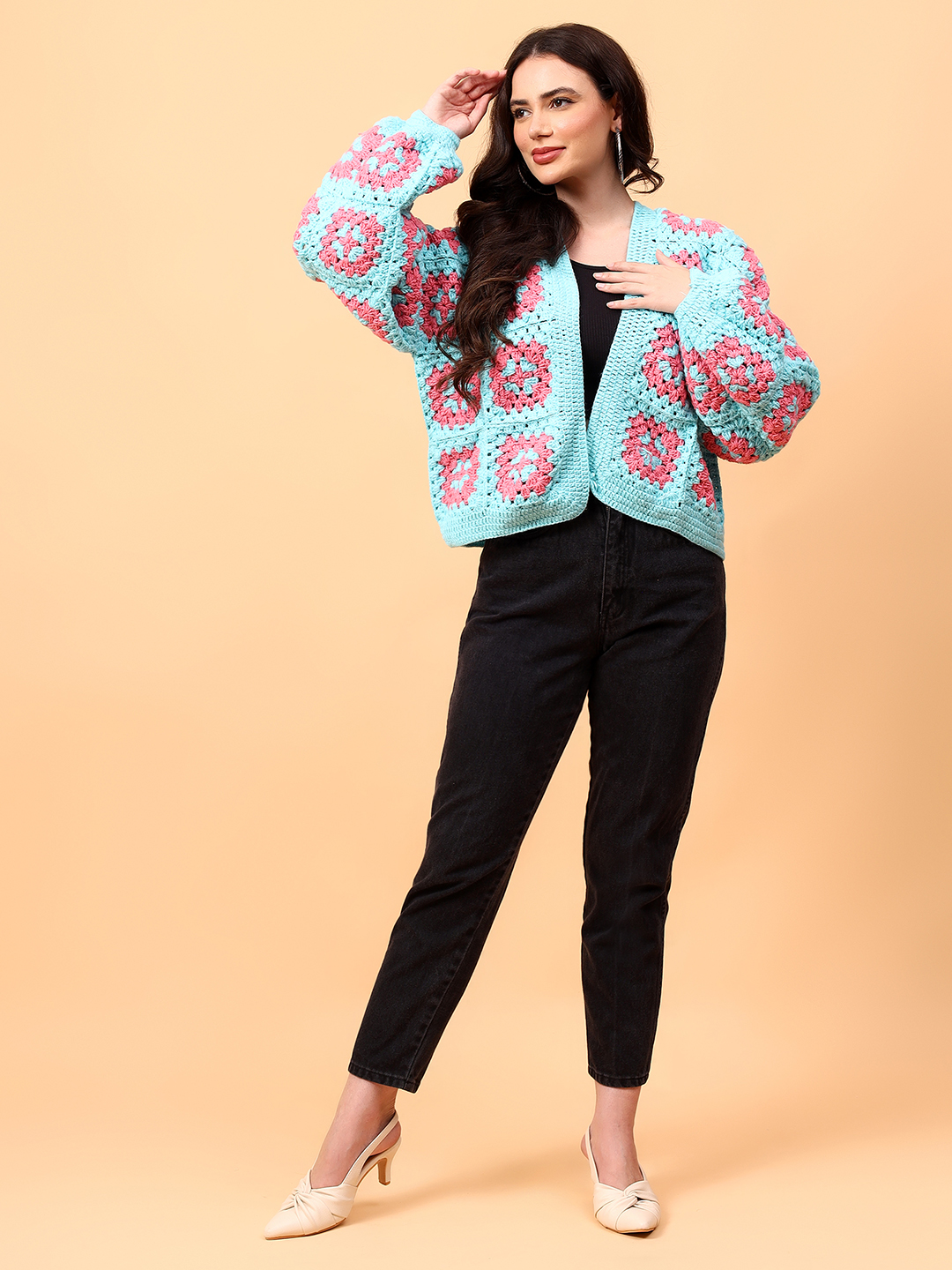 Velvery Handmade Blue and Pink Oversized V-Neck Cardigan