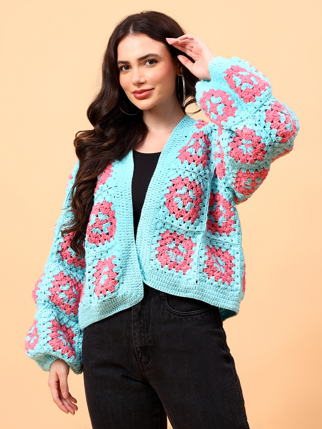 Velvery Handmade Blue and Pink Oversized V-Neck Cardigan