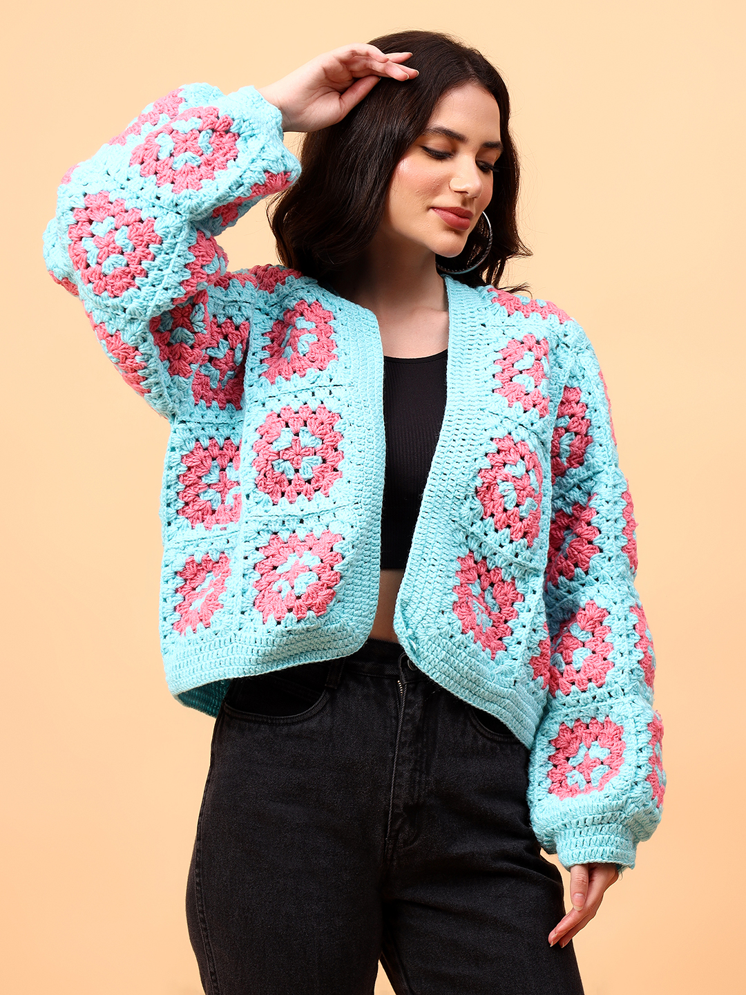 Velvery Handmade Blue and Pink Oversized V-Neck Cardigan