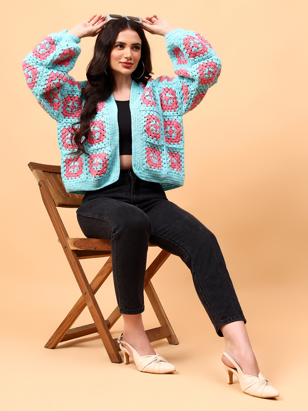 Velvery Handmade Blue and Pink Oversized V-Neck Cardigan