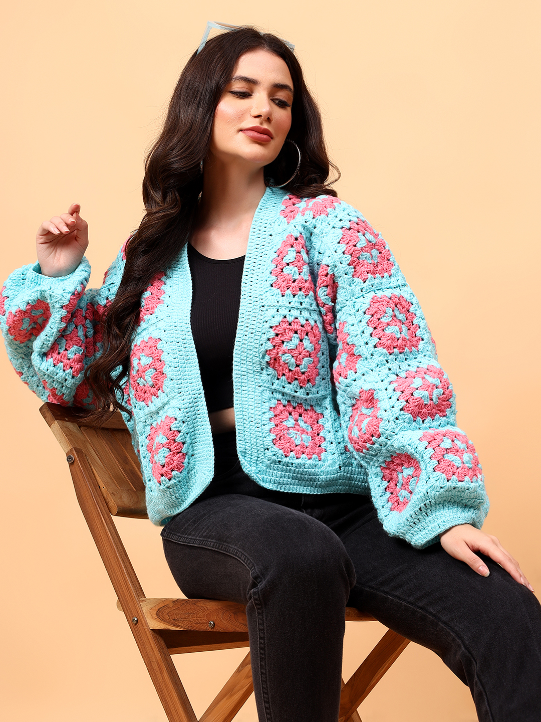 Velvery Handmade Blue and Pink Oversized V-Neck Cardigan