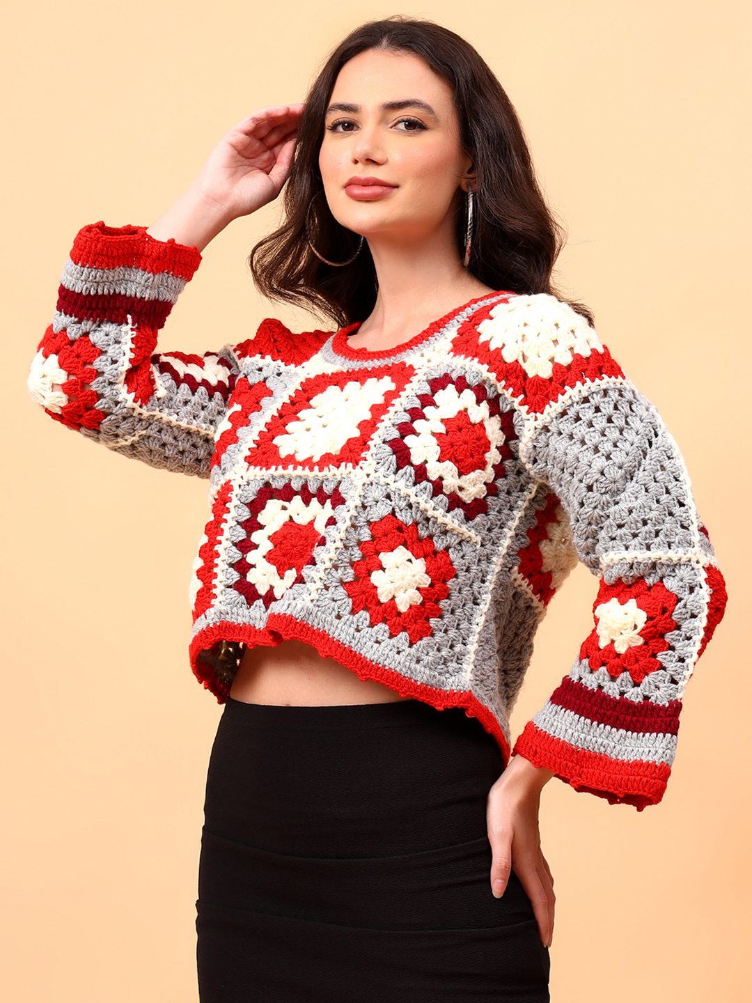Velvery Crochet Granny Square Pullover for Women