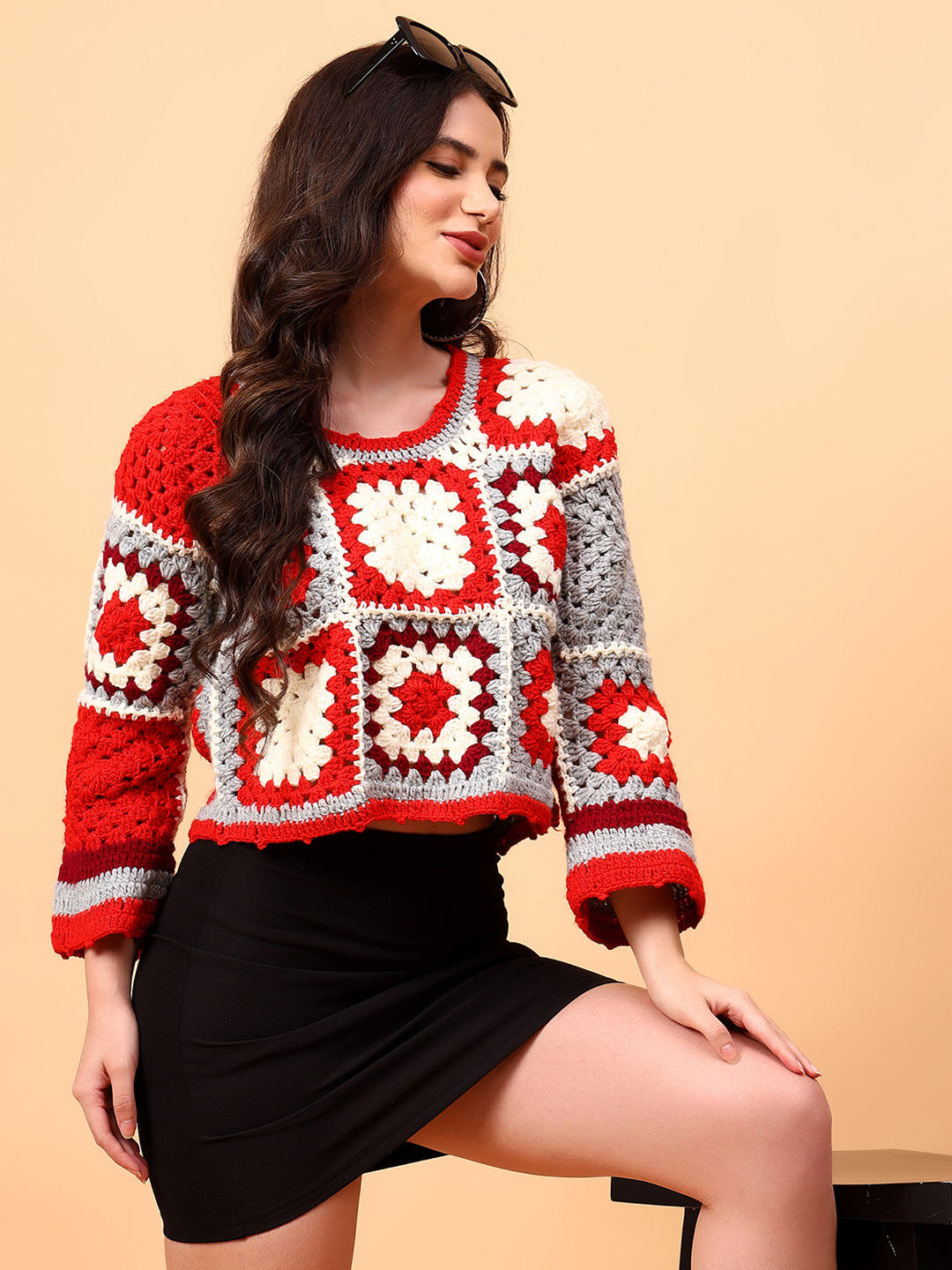 Velvery Crochet Granny Square Pullover for Women