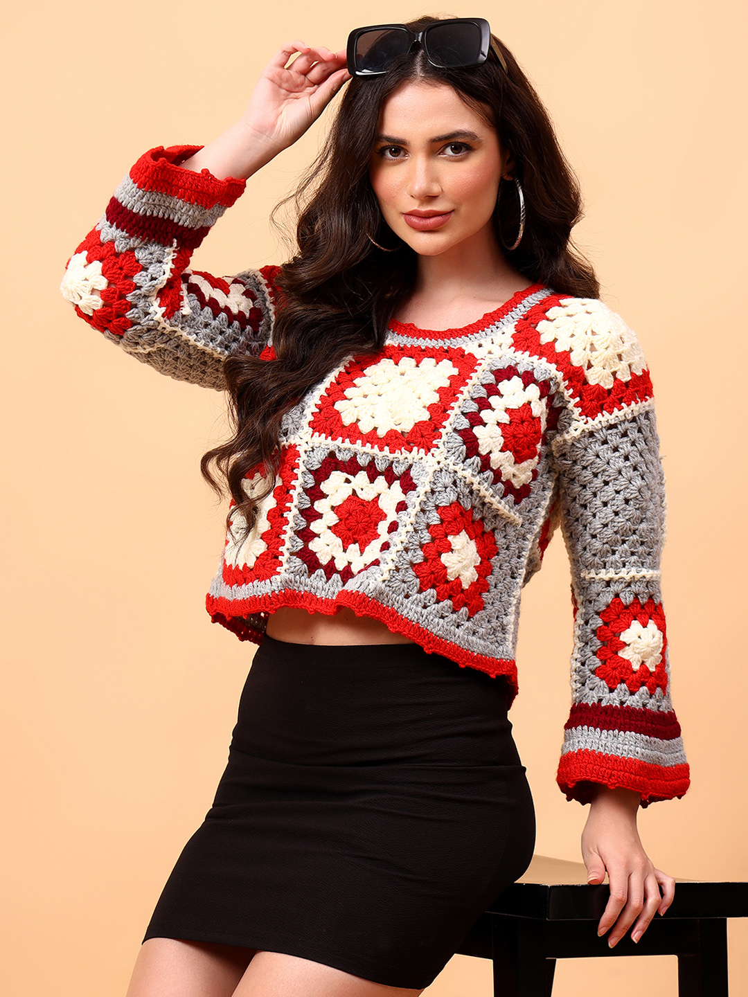 Velvery Crochet Granny Square Pullover for Women