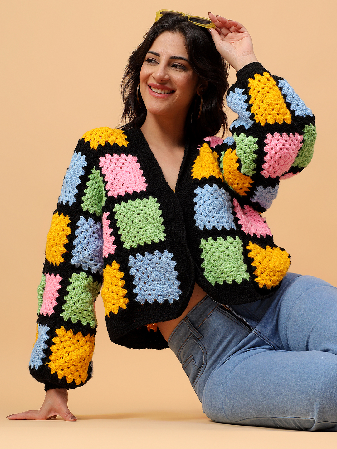 Velvery Handmade Baggy Black Multicolored V-Neck Cardigan