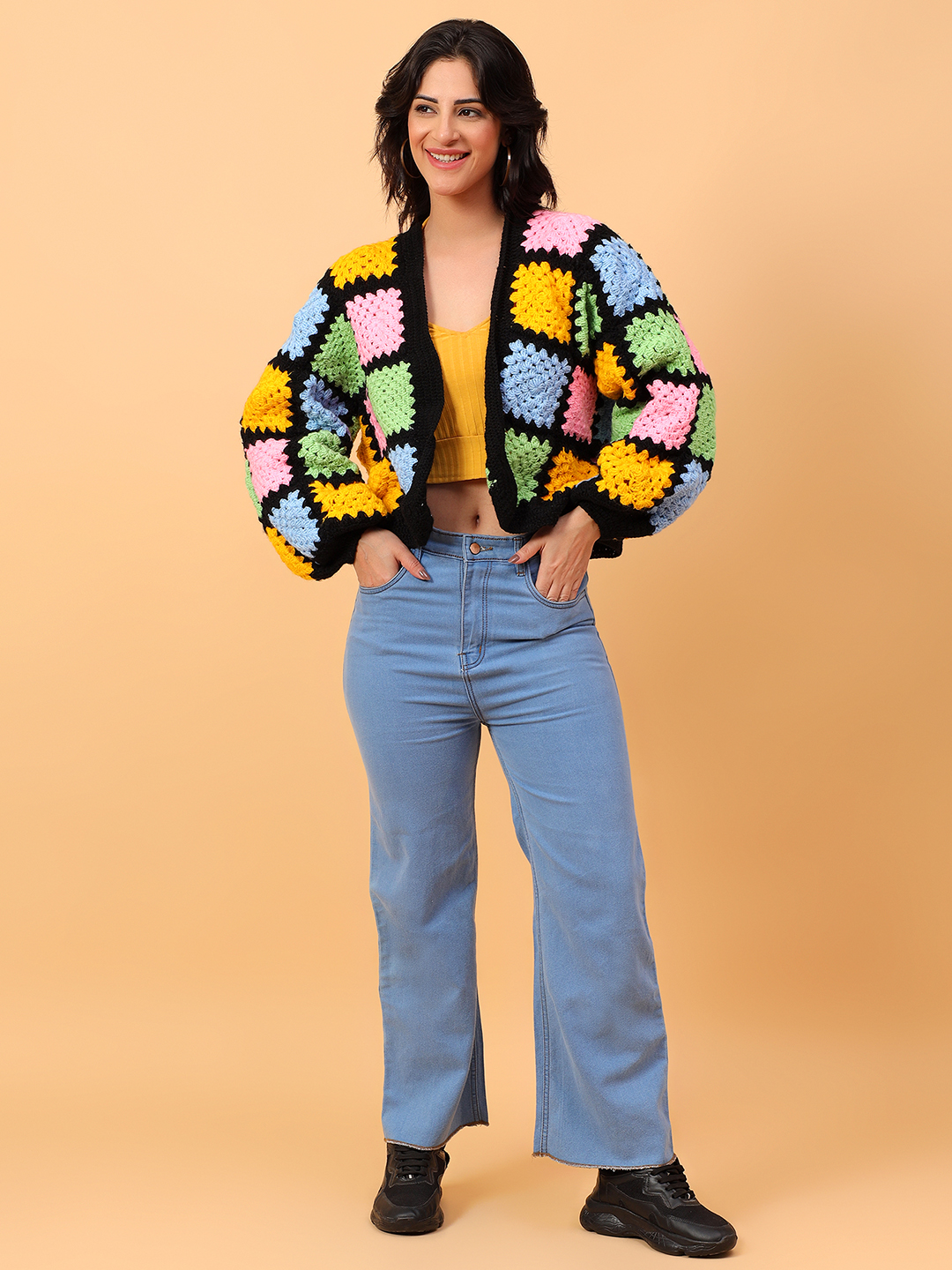 Velvery Handmade Baggy Black Multicolored V-Neck Cardigan