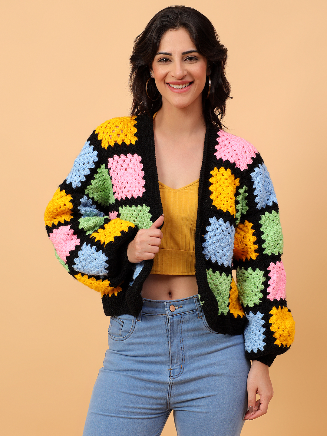 Velvery Handmade Baggy Black Multicolored V-Neck Cardigan