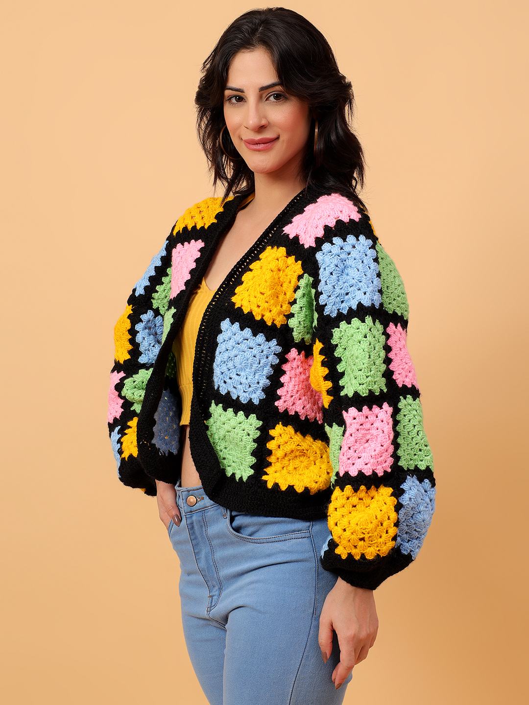 Velvery Handmade Baggy Black Multicolored V-Neck Cardigan